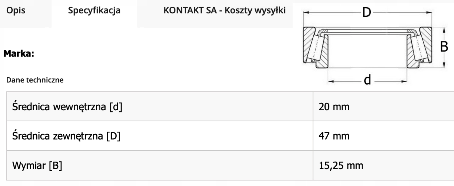 Łożysko stożkowe FŁT 30204 A Średnica zewnętrzna 47 mm