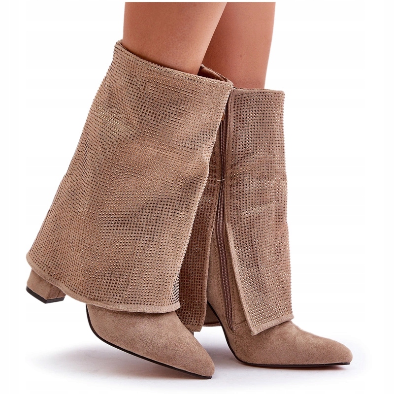 Kotníkové Boty Lesklé Vyvýšený Svršek Podpatek Sloupek Zirkony Béžové 37