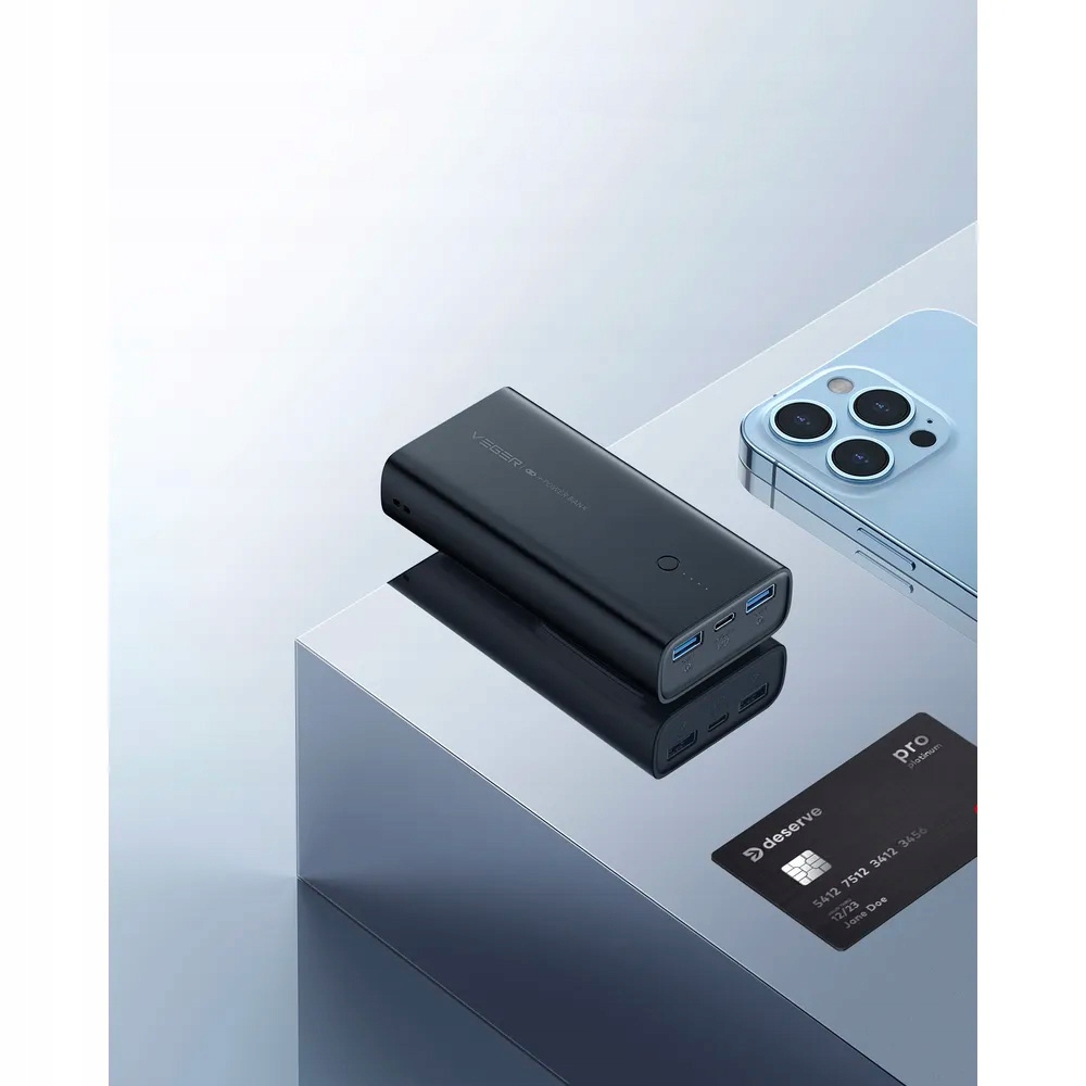 VEGER ACE100 Powerbank 10000mAh USB Quick Charge USB-C PD 20W wtyczka kabel Kolor czarny