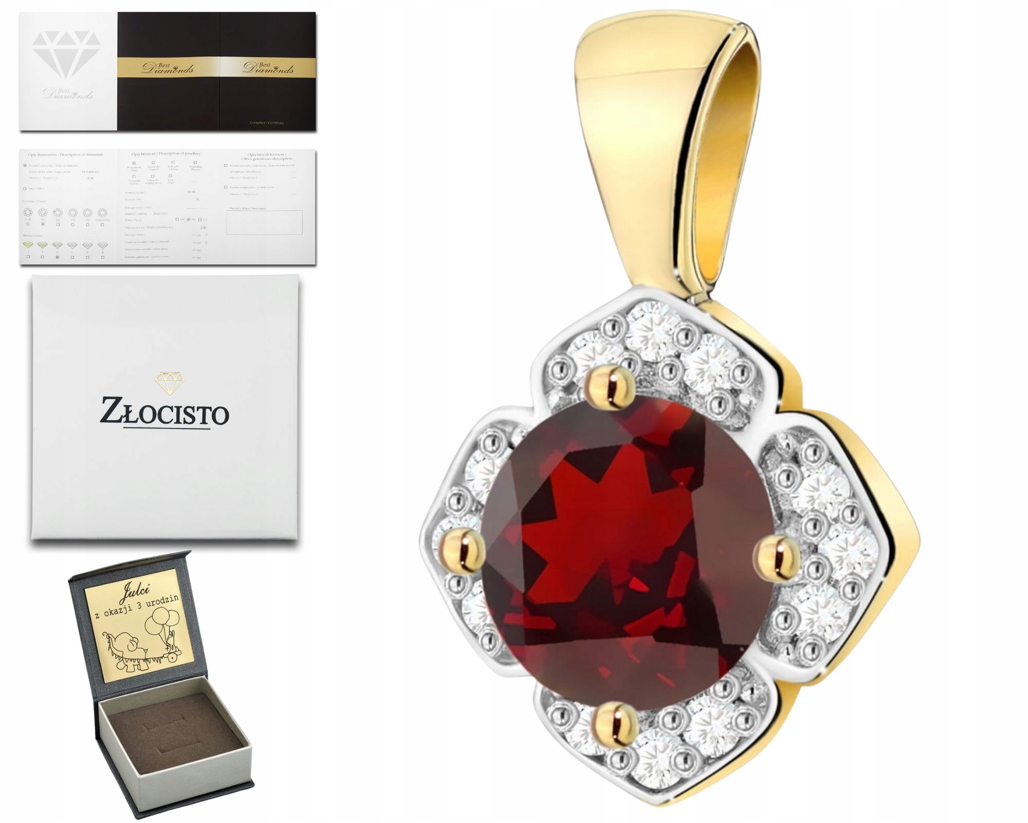 Zlatý Přívěsek S Granátem A Diamanty