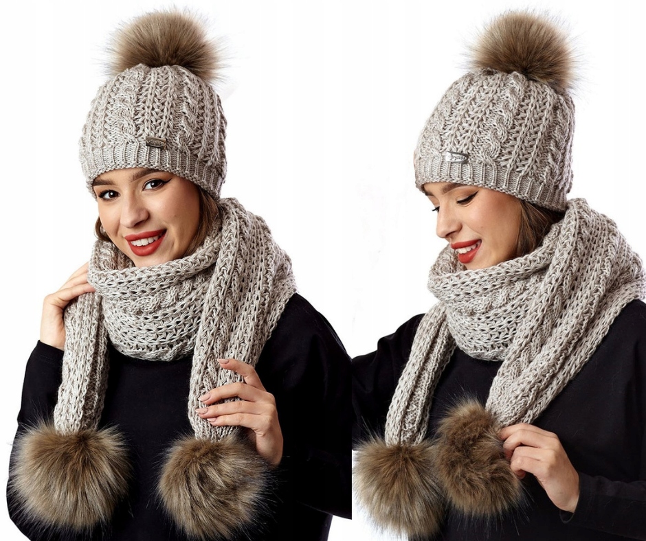 Dámský komplet čepice s bambulí a zimní šálou C99