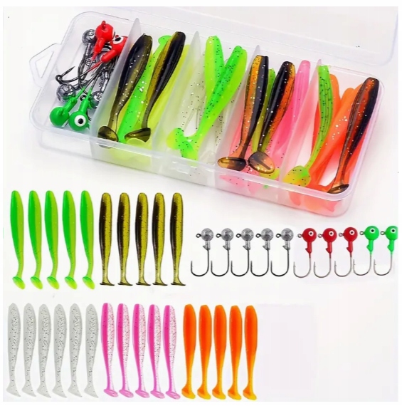 ZESTAW PRZYNĘT GUMOWYCH 40x GUMY SPINNINGOWE + PUDEŁKO + GŁÓWKI PRZYNĘTY