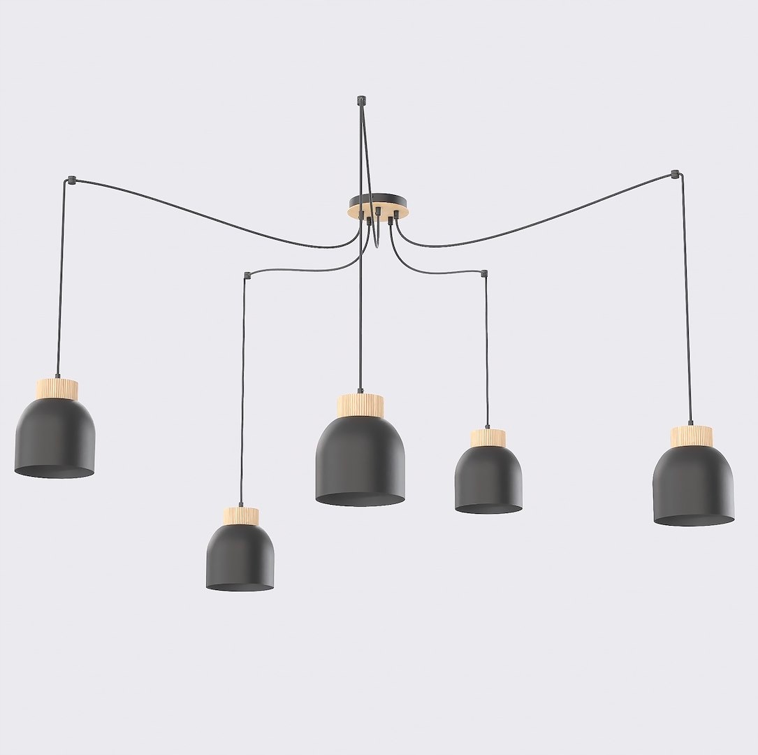 Závesná lampa Kru 5 čierna matná s drevenými akcentmi (E27, 5-bodová)