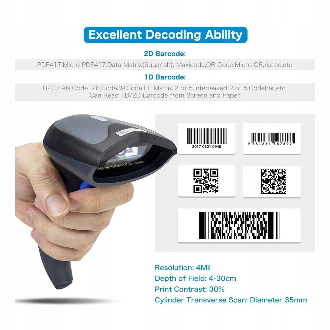 czytnik kodów 2.4G/BT/kabel stojak/1D/2D/QR/Aztec Model KT-1001