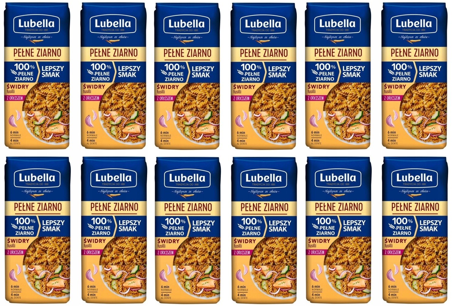 Levně 12 x 400 g Lubella Plné zrno Těstoviny fusilli s špaldou Karton