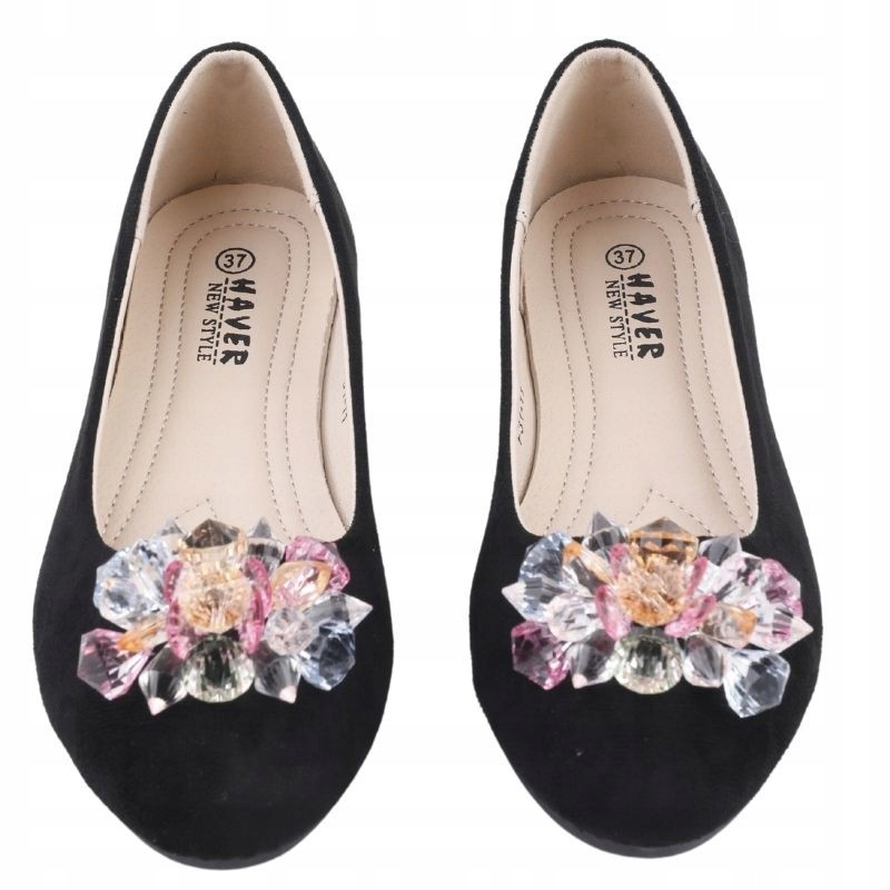 Czarne Balerinki Damskie Wsuwane Płaskie Z Kokardą Gładkie Wkł.ekoskóra