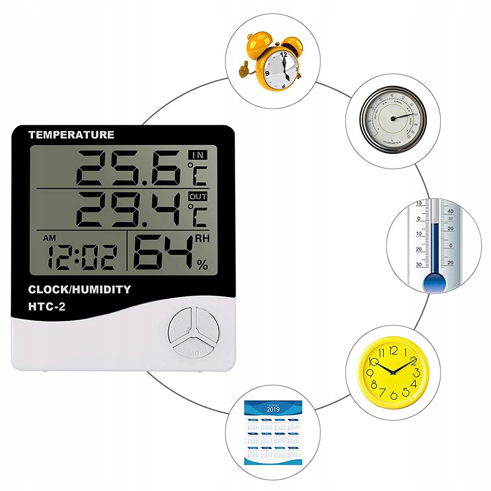 CYFROWY TERMOMETR HIGROMETR STACJA POGODY Z SONDĄ ZEGAR BUDZIK KALENDARZ Kolor biały