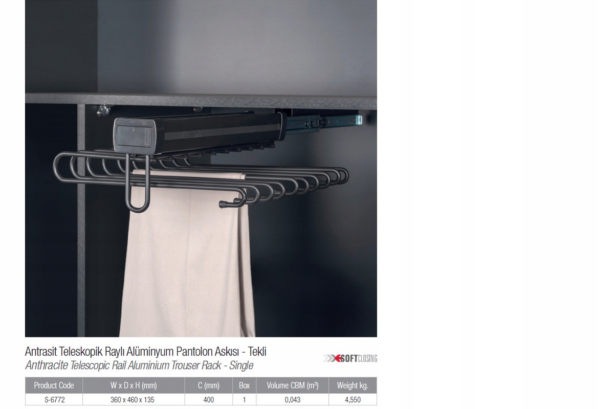 Věšák na kalhoty Antracit pro šatní skříně, jednodílný výsuvný,