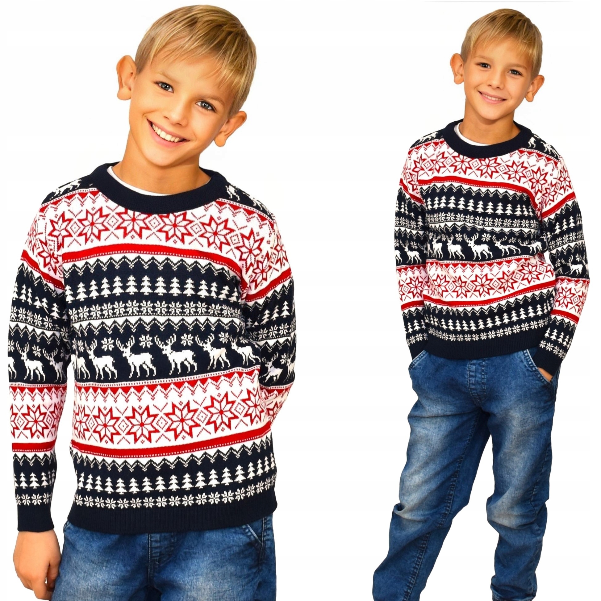 DZIECIĘCY SWETER ŚWIĄTECZNY NORWESKI GRANATOWY CZERWONY ŚWIĄTECZNE 2/3 LATA