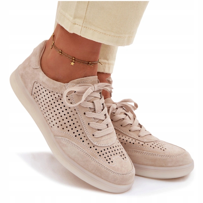 Dámské Nízké Ažurové Tenisky Z Pohodlné Semišové Kůže, Béžové, Velikost 40