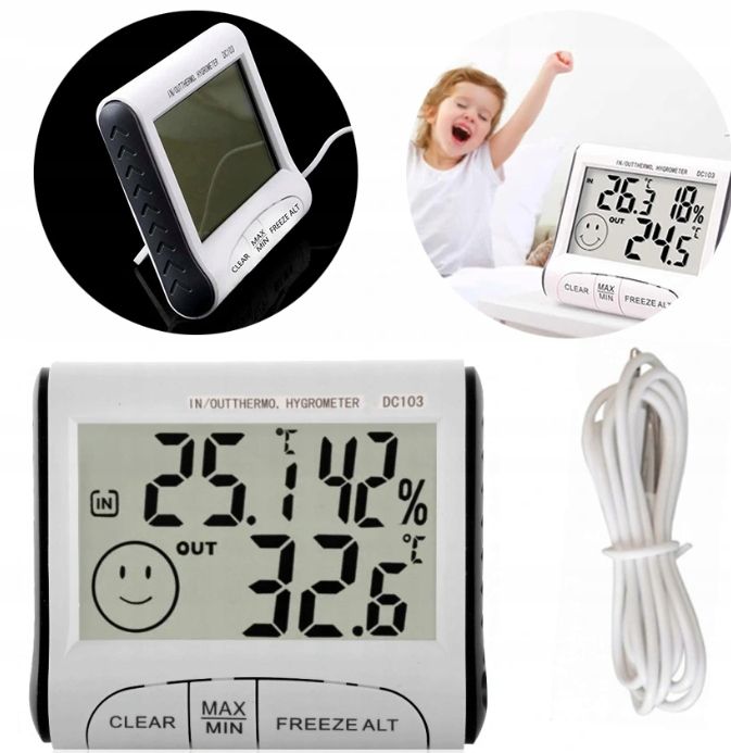 TERMOMETR HIGROMETR WILGOTNOŚCIOMIERZ CYFROWY 5w1 Funkcje pomiar temperatury wewnętrznej pomiar temperatury zewnętrznej pomiar wilgotności zegar