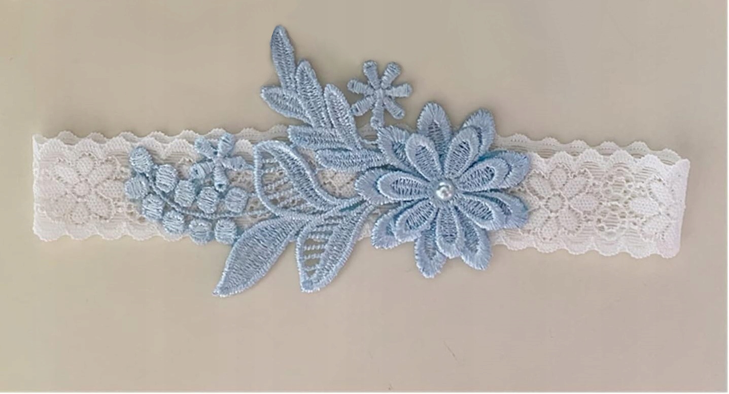 PODWIĄZKA ŚLUBNA niebieska biała, BŁĘKITNA KORONKOWA elastyczna Model do ślubu