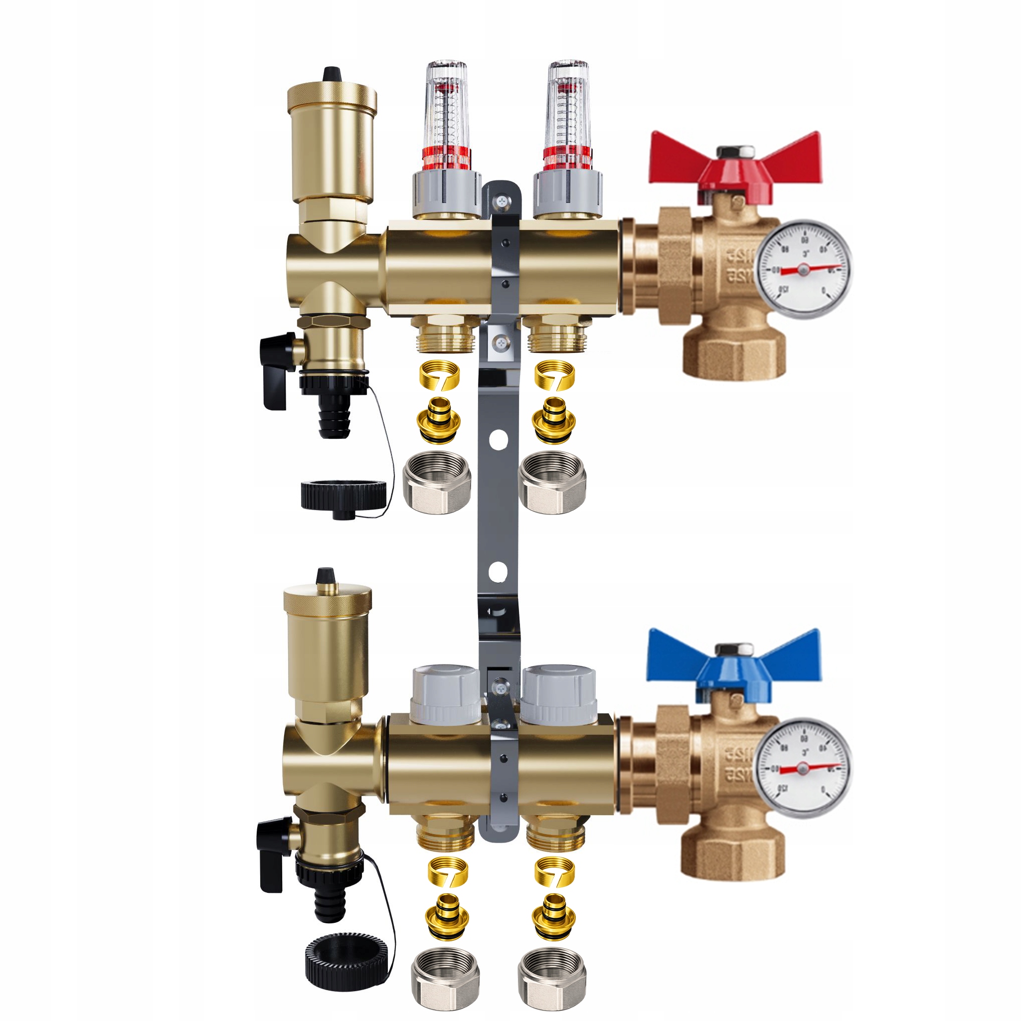 Rozdělovač mosazný podlahový 2 okruhové kulové ventily Teploměr Pex