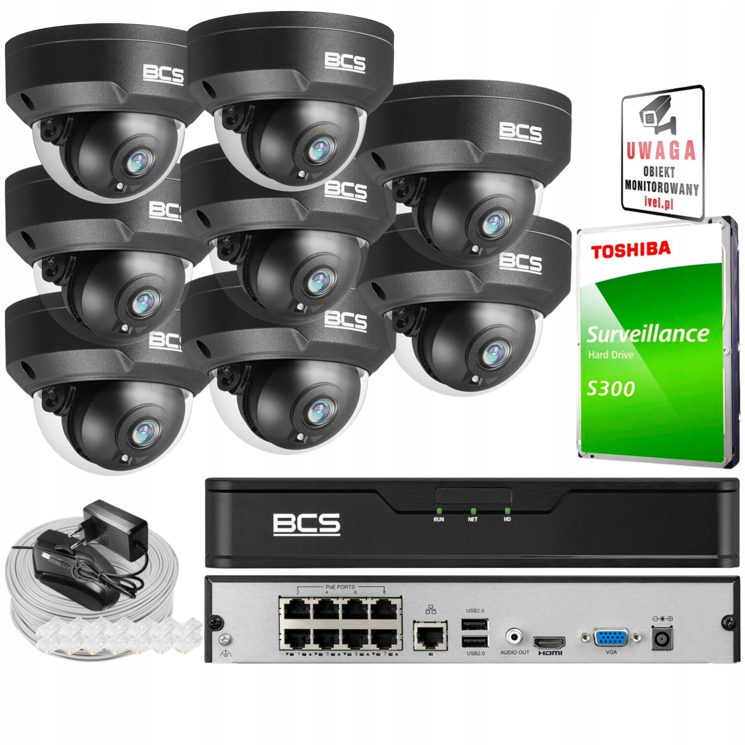 Zestaw Monitoringu 8x BCS-P-DIP25FSR3-Ai2-G 5MPX Audio IP67 Akcesoria Bcs