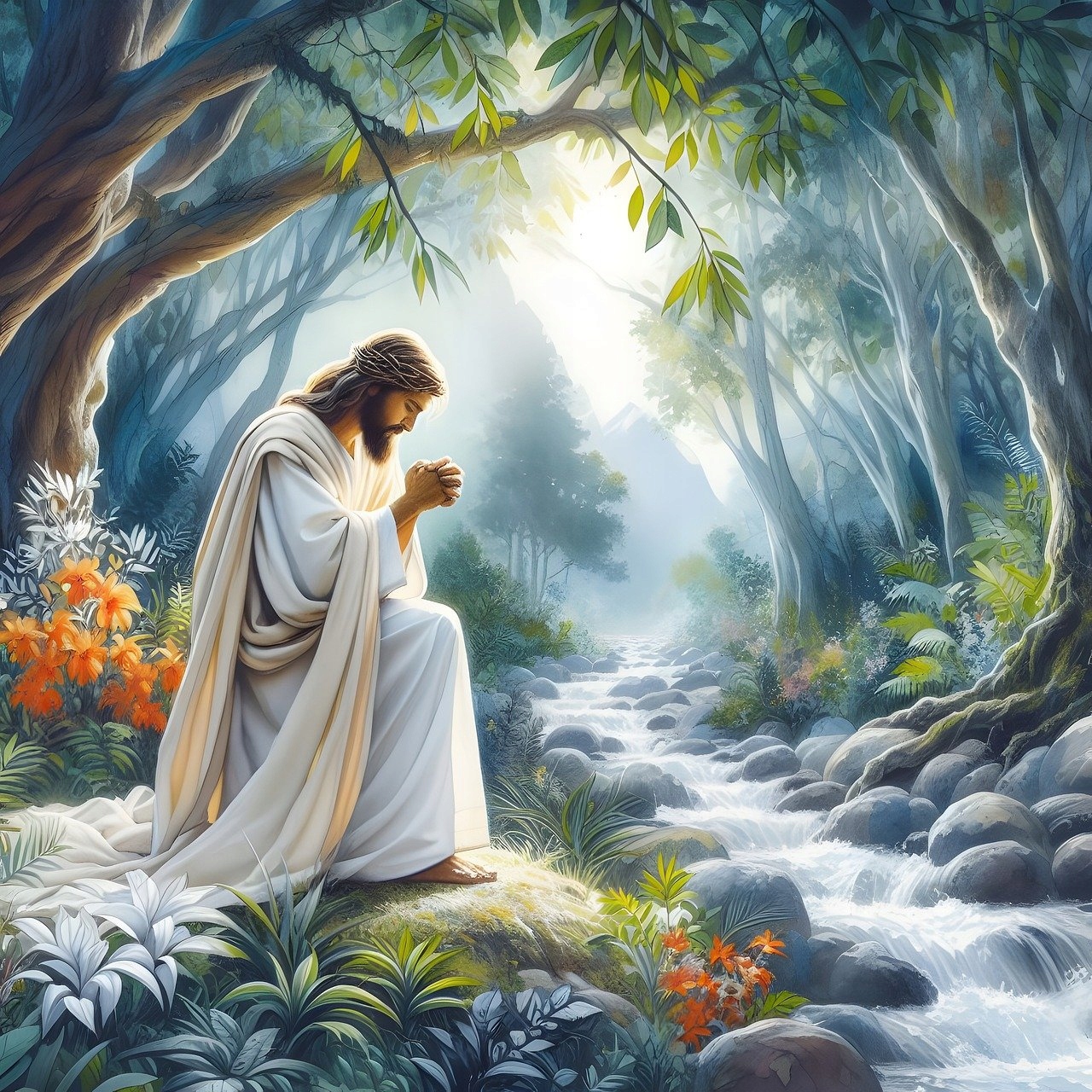 Diamantová výšivka Příroda Modlitba Ježíše Náboženské Diamanty Čtvercové 50x50cm