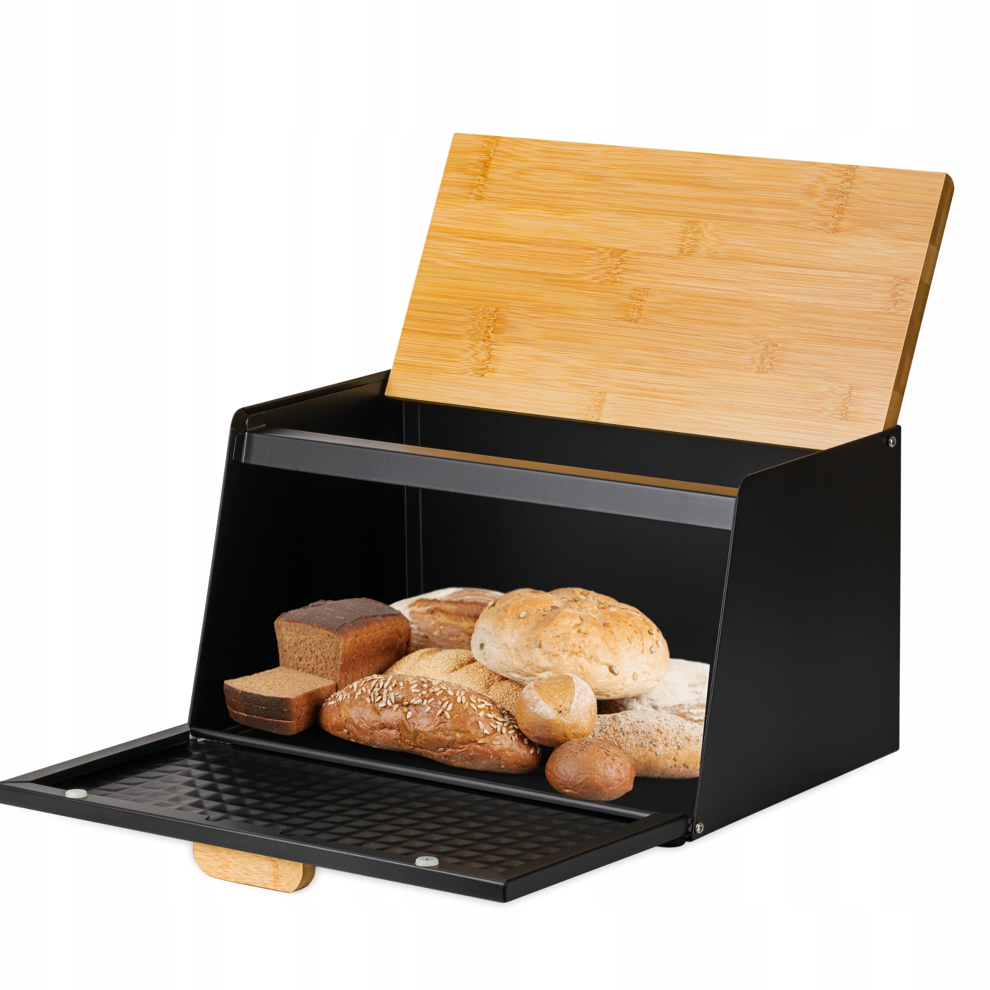 CHLEBAK METALOWY Z DESKĄ POJEMNIK NA PIECZYWO CHLEB CZARNY BAMBUSOWY DUŻY Szerokość 21.5 cm