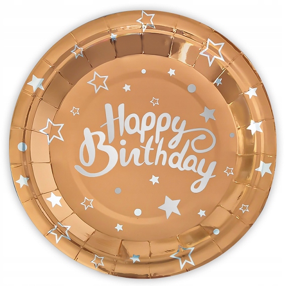 TALERZYKI RÓŻOWE ZŁOTO HAPPY BIRTHDAY 18CM 6 SZTUK