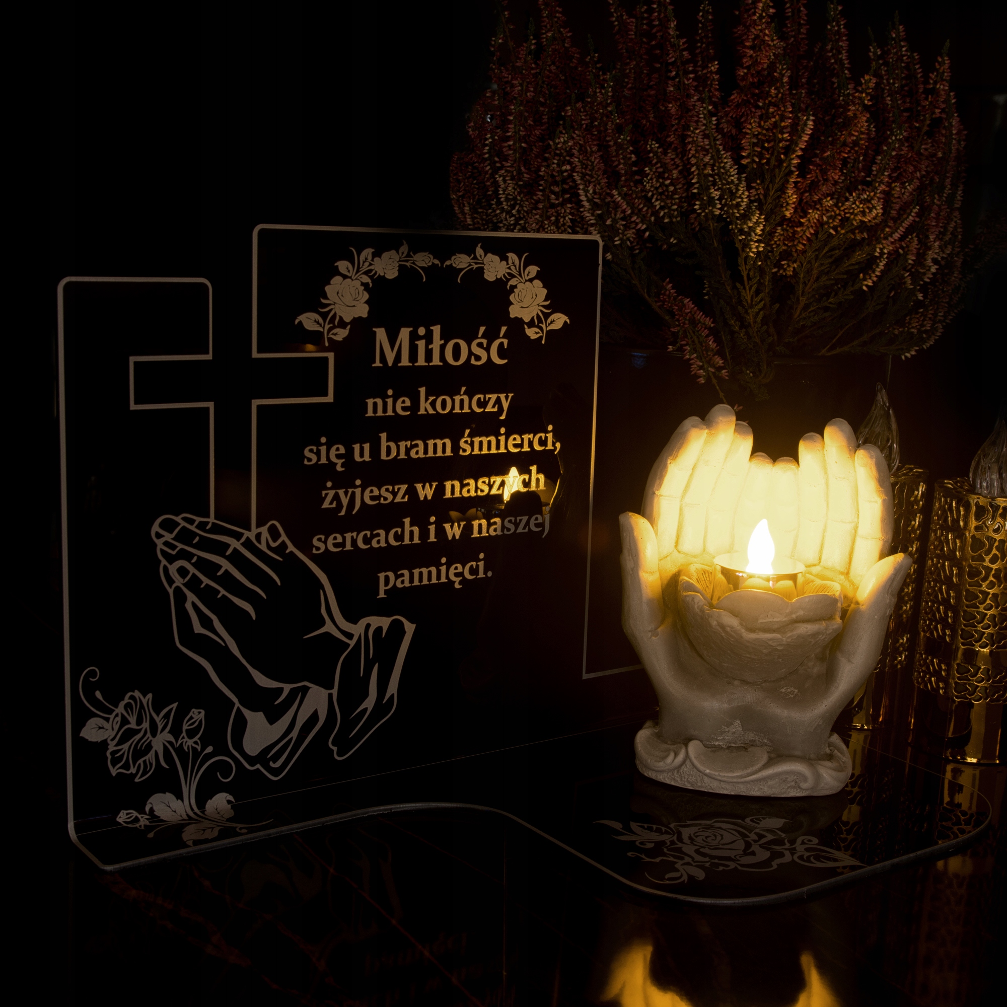 ZNICZ DŁONIE Z PODSTAWKĄ ELEGANCKI LAMPION RĘCE SZKŁO AKRYLOWE Wysokość produktu 22 cm