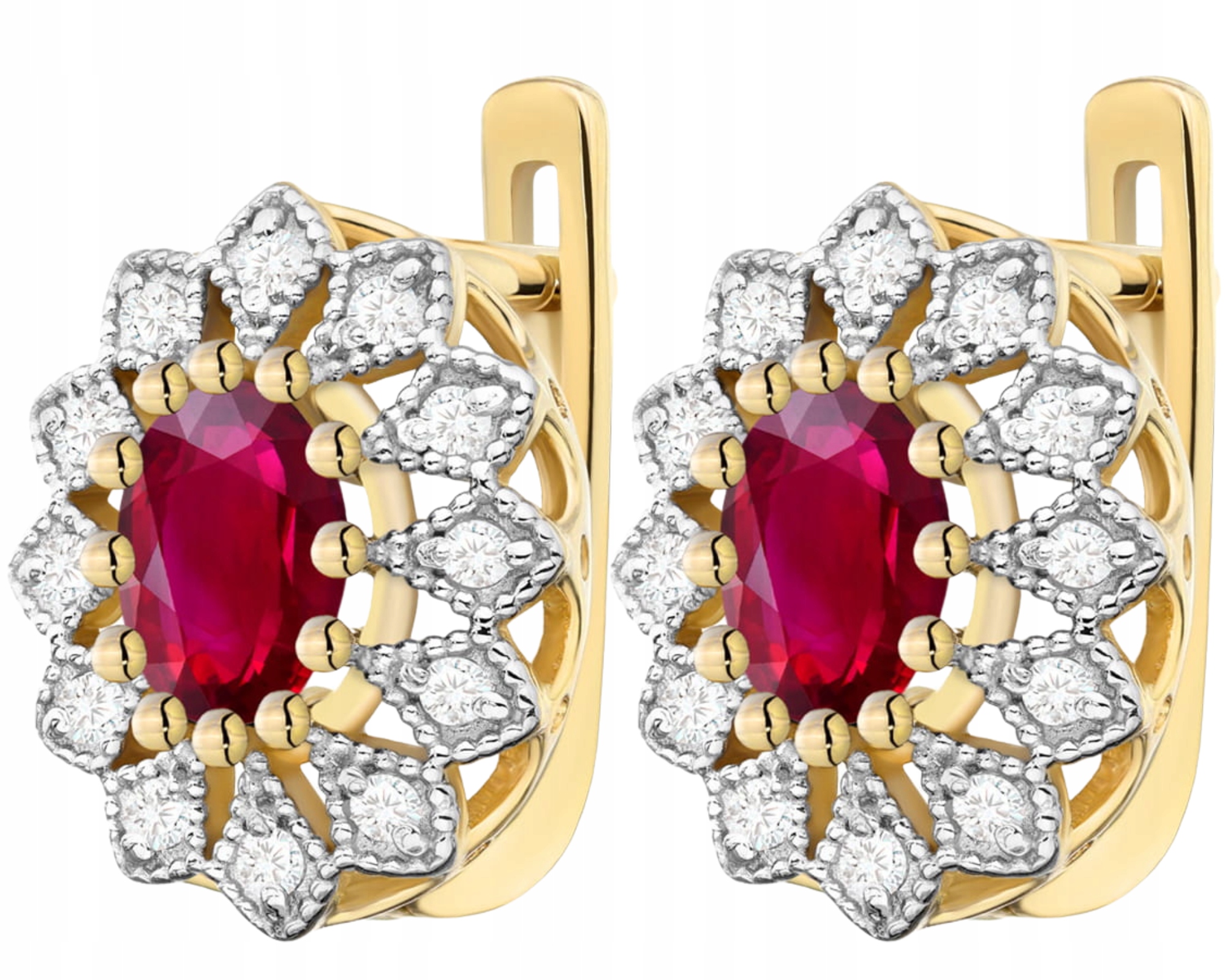 Zlaté Náušnice S Rubínem A Brilianty 585 Gravírování