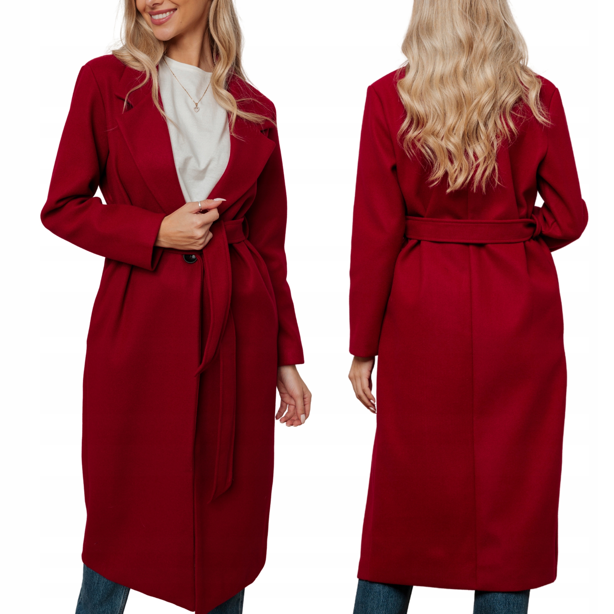 Dámský dlouhý elegantní flaušový kabát se zavazováním, klasický, bordó S