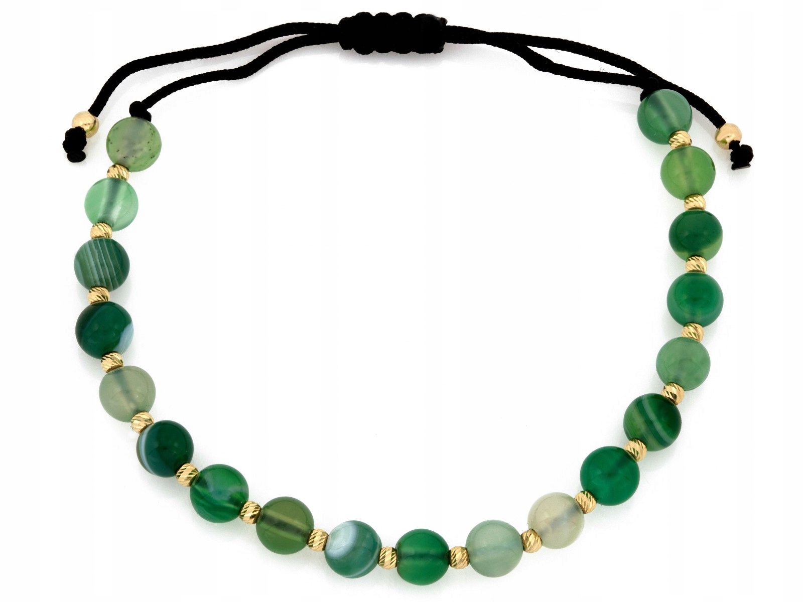 Dámský náramek zlatý 585 14k 0.68g se zelenými kamínky na provázku