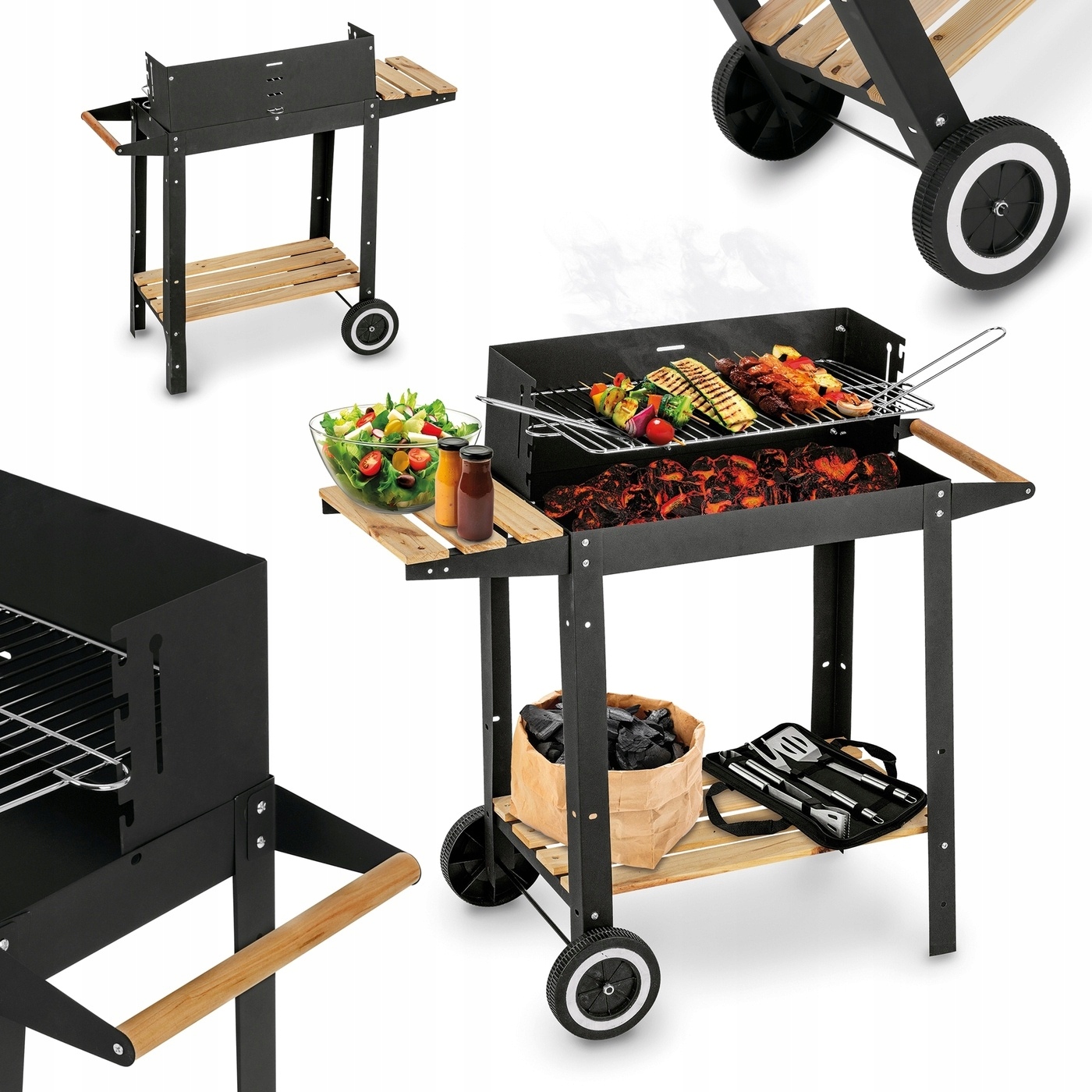 Grill Ogrodowy Węglowy Ruszt Stalowy 2 Półki na Kólkach Konighoffer 80cm