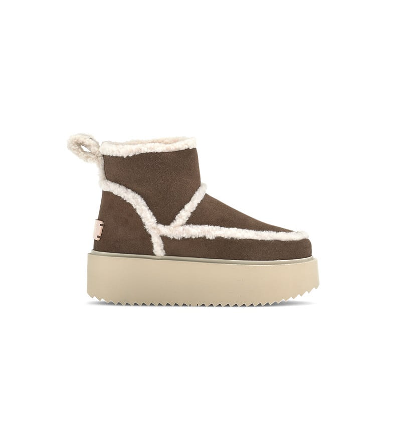 Inuikii x Coccinelle Classic Low Shearling Platform Brown 41 Hnědé kožené sněhule s platformou a ovčí vlnou, velikost 41