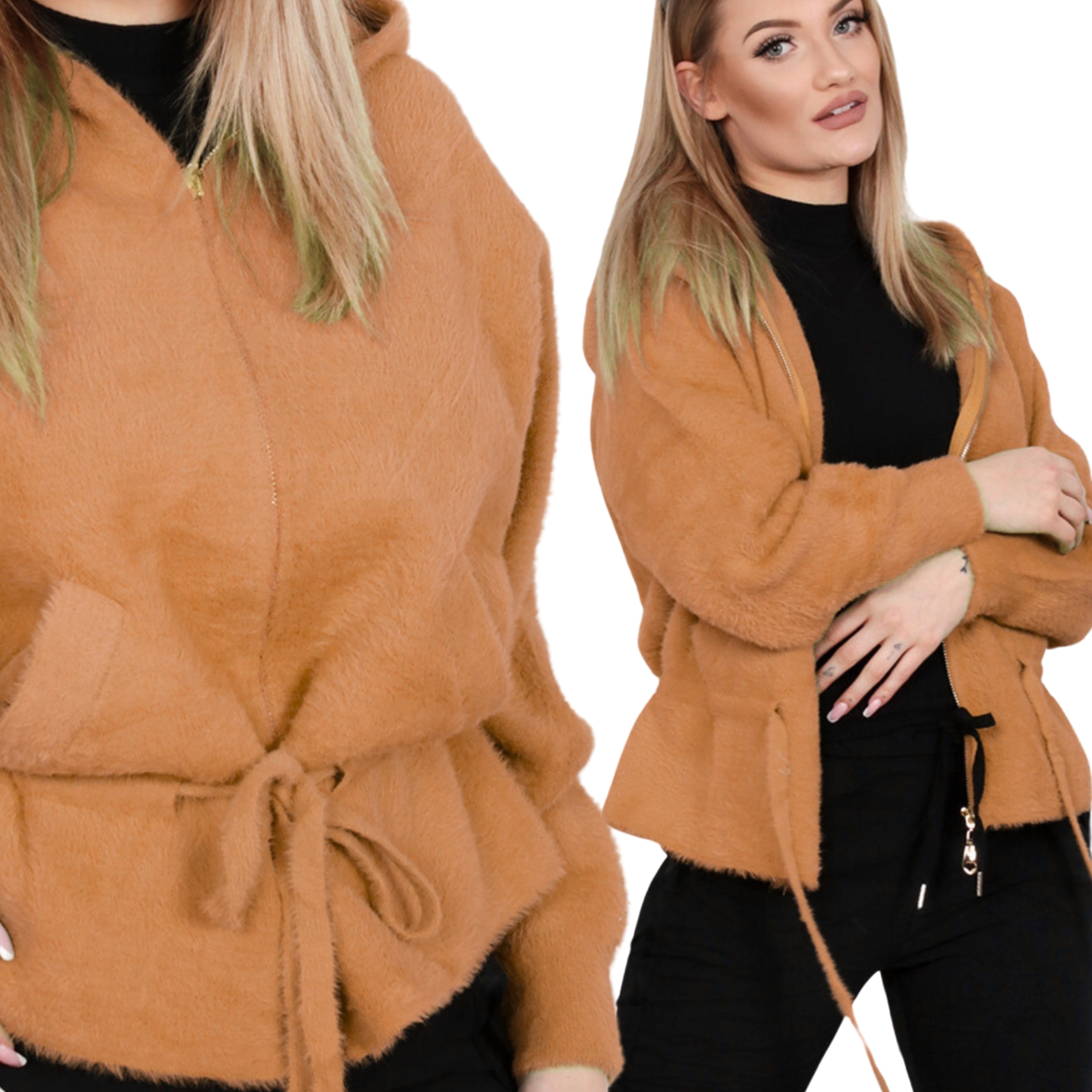 Alpaka Damska Kurtka Sweter Miękka Ciepła Krótka Zamek Kaptur 1923