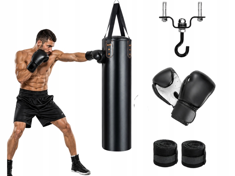 Worek Bokserski 110CM 4W1 Rękawice 12OZ Owijki Hak Mma Kickboxing Czarny