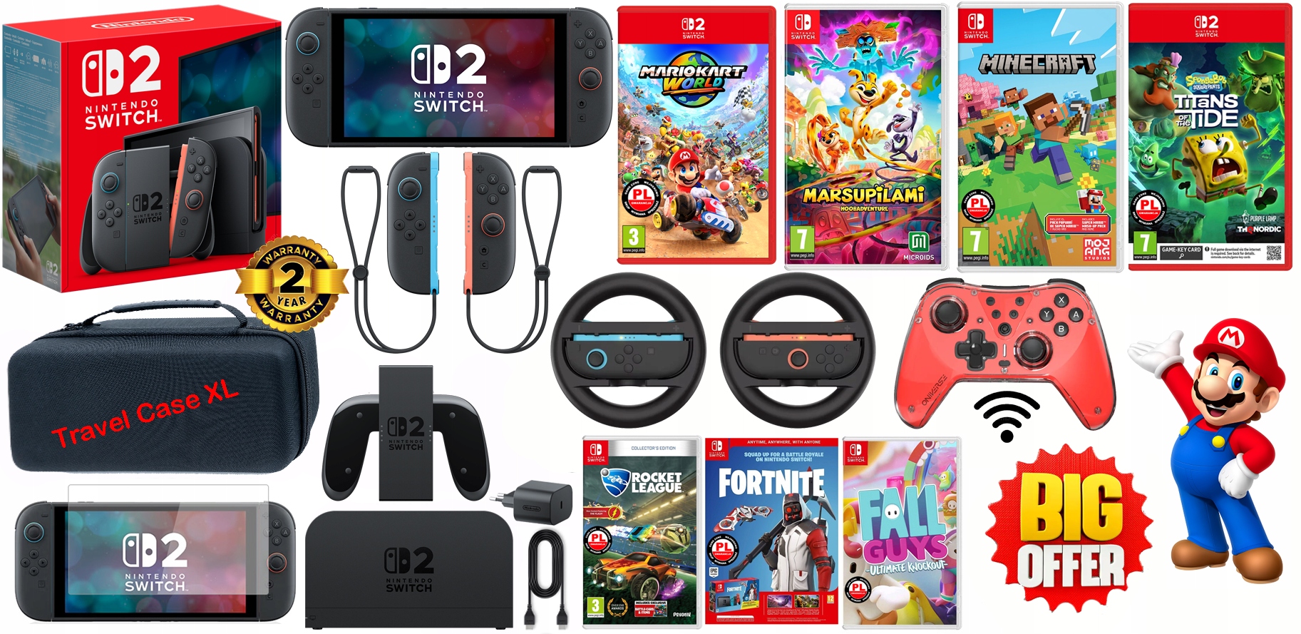 Nintendo Switch 2 256GB gry etui szkło Pro pad 2 kiero XXL Box