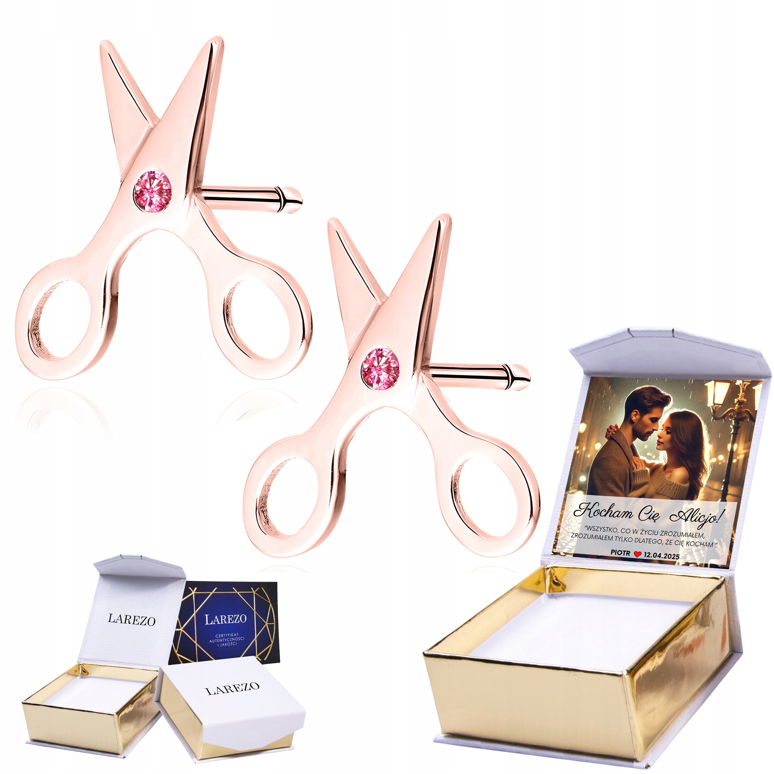 Náušnice Pozlacené nůžky Kadeřnice Nůžky Stylista Stříbro 925 Potisk