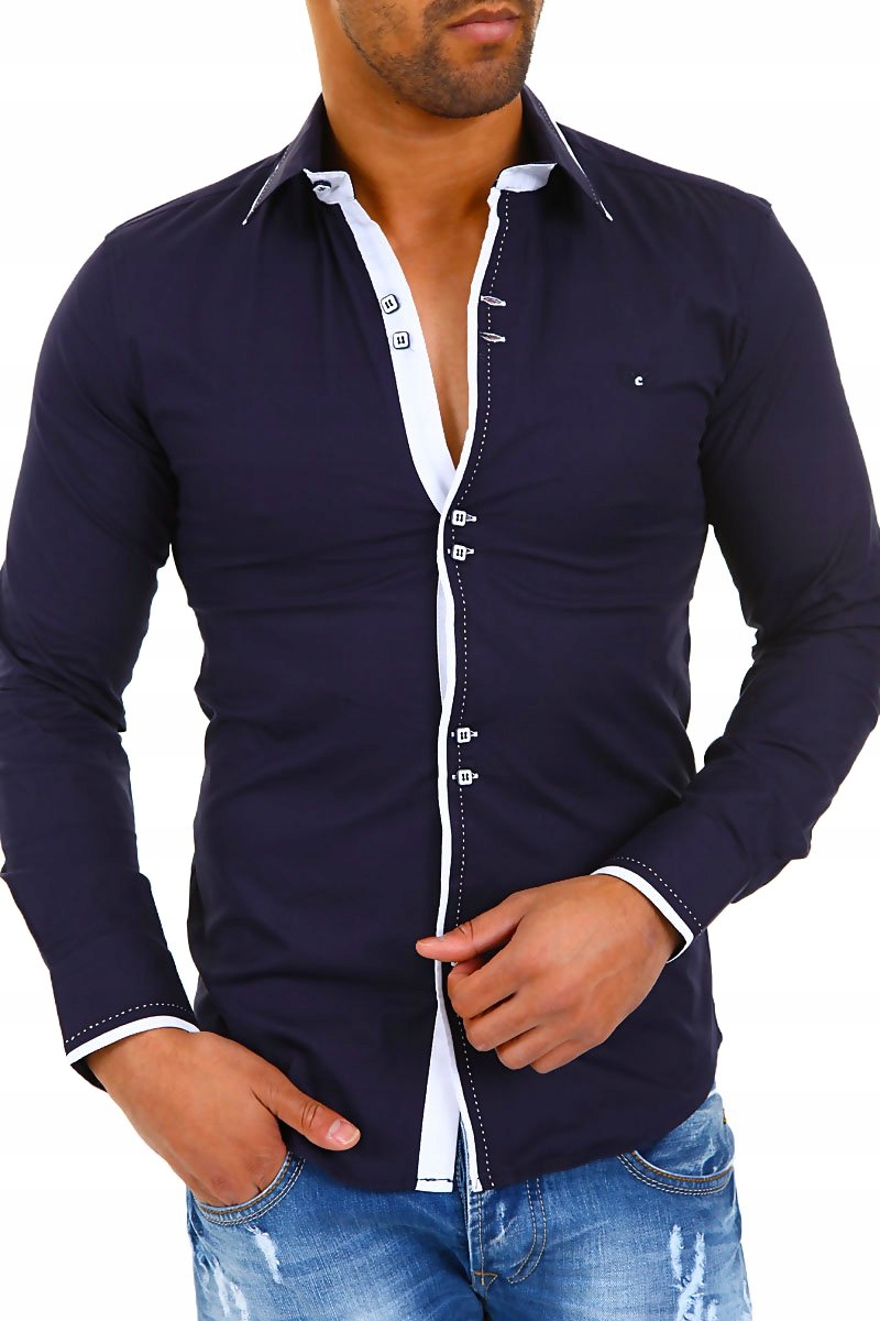 ELEGANCKA GRANATOWA KOSZULA PRZESZYCIA - L Marka Carisma