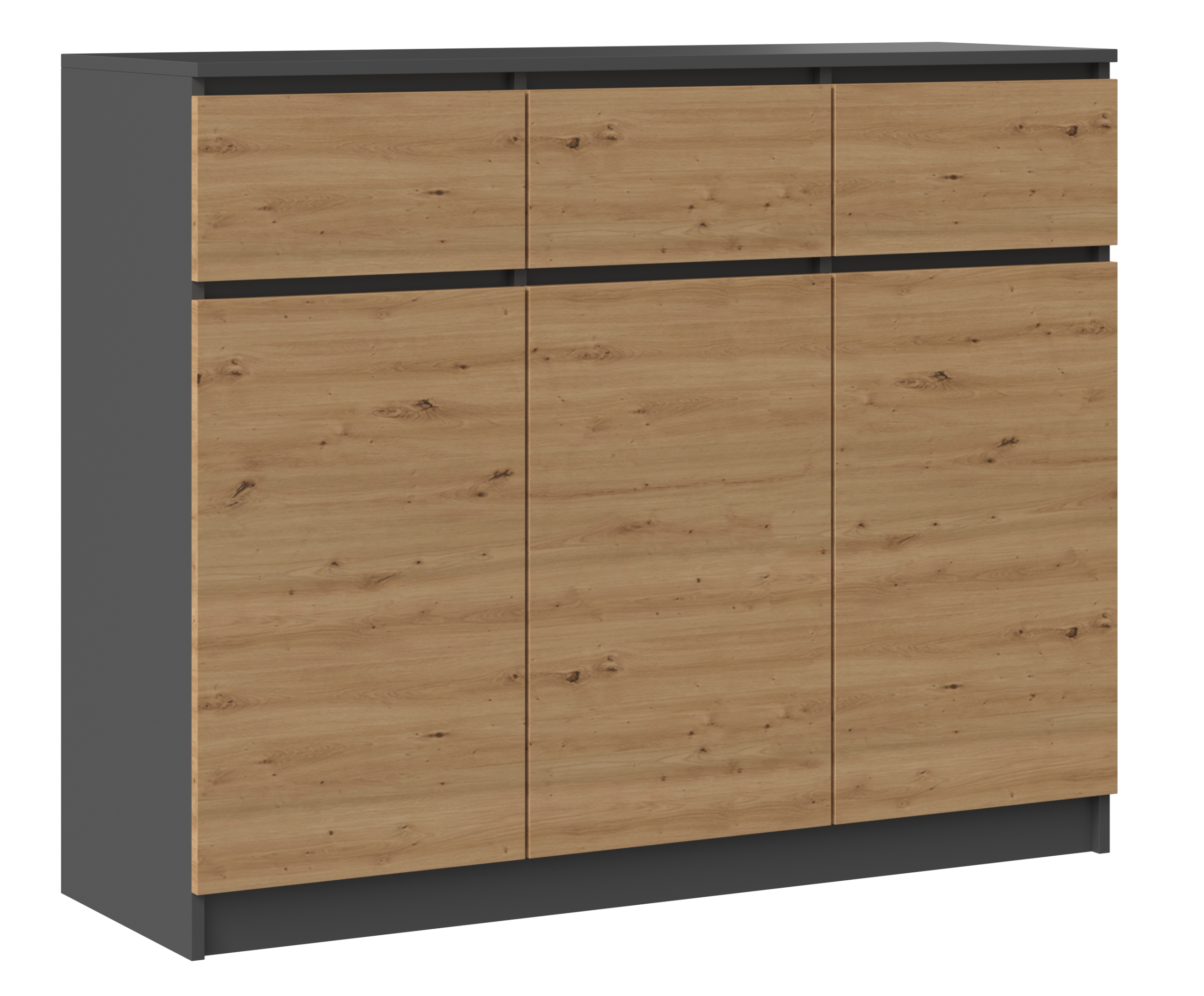 KOMODA 3D3S 120 CM ANTRACYT DĄB ARTISAN 3 SZUFLADY 3 DRZWI SZAFKA DO SALONU