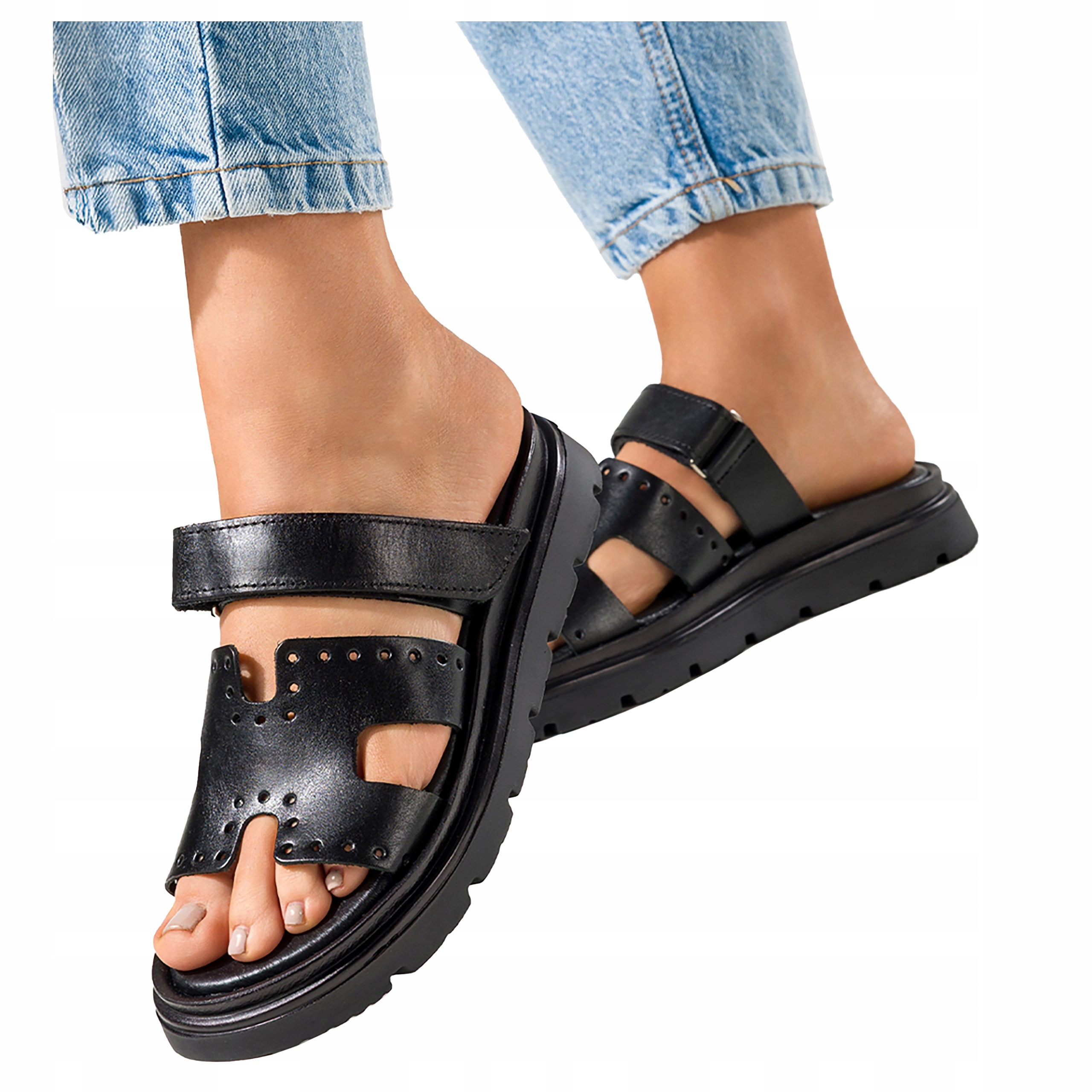 Žabky Dámské Kožené Černé Na Platformě Na Suchý Zip Produkt Polský vel. 40