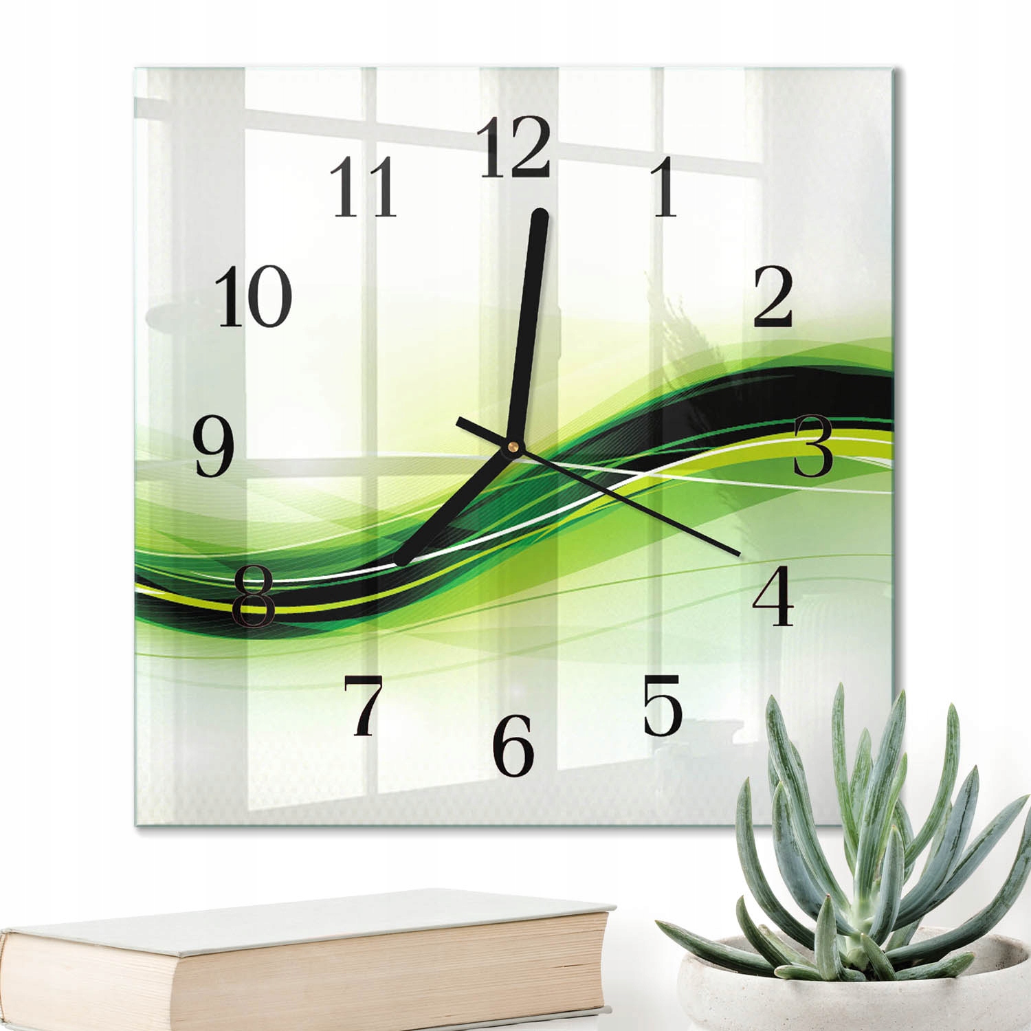 Závěsný čtvercový hodinový stroj 30 x 30 cm, skleněný s abstraktním vzorem, linie