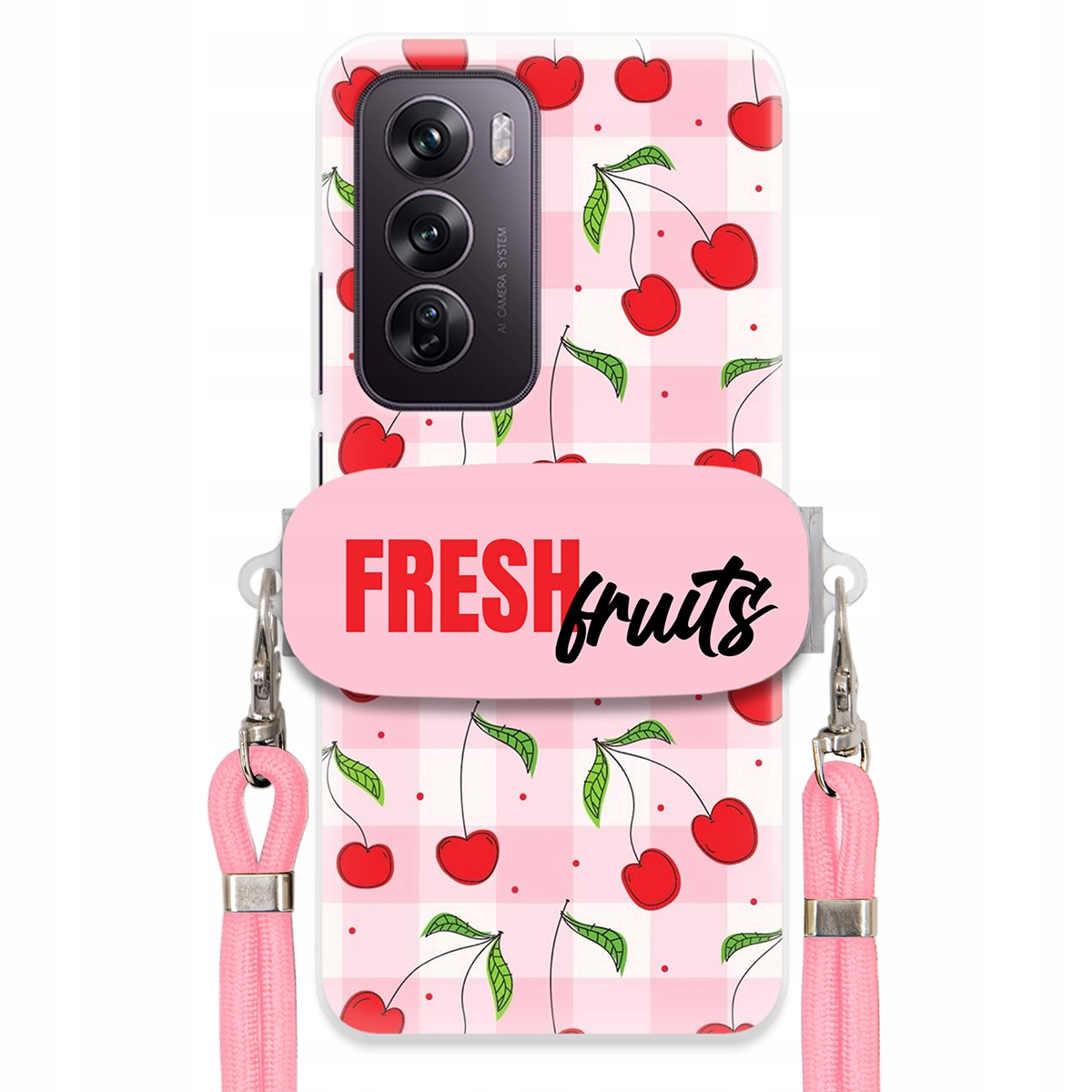 Puzdro pre Oppo Reno 12 Pro 5G Case Držiak šnúrok Ružový Fresh Fruits Mriežka