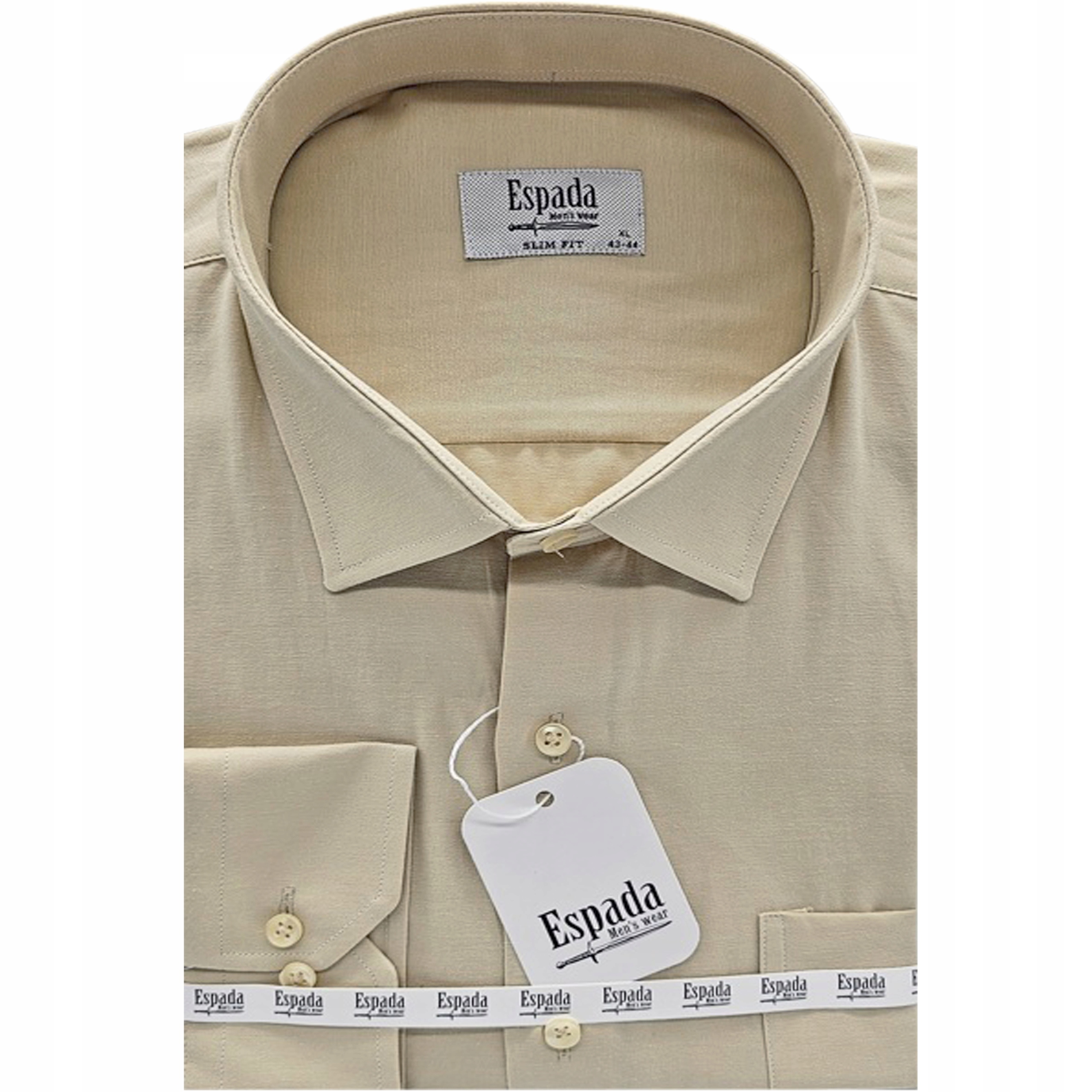 Beżowa Gładka Modna Koszula Slim Fit L 41/42