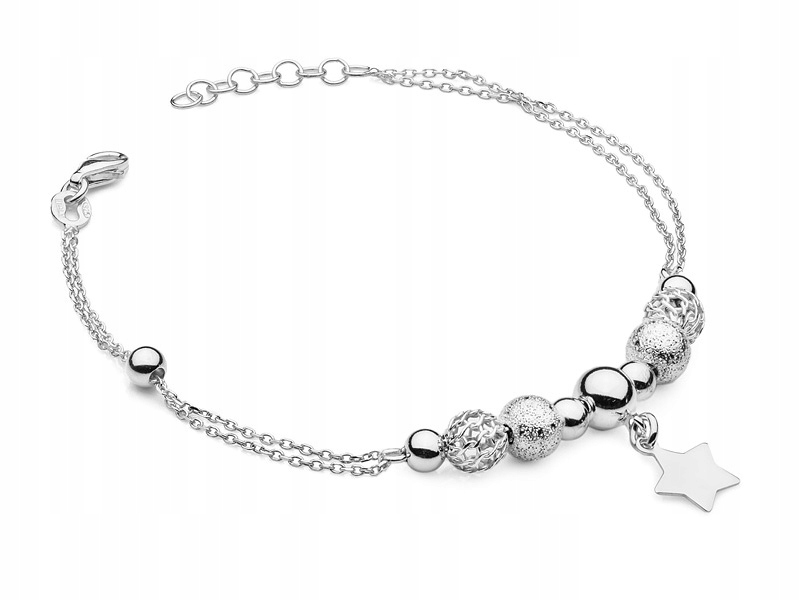 

Srebrna Bransoletka Koraliki z Gwiazda prezent 925