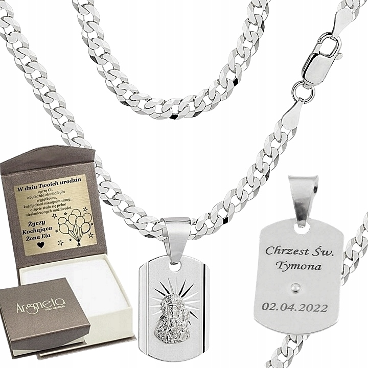 Łańcuszek Srebrny Diamentowany 3,80 mm z Medalikiem pr 925 Grawer