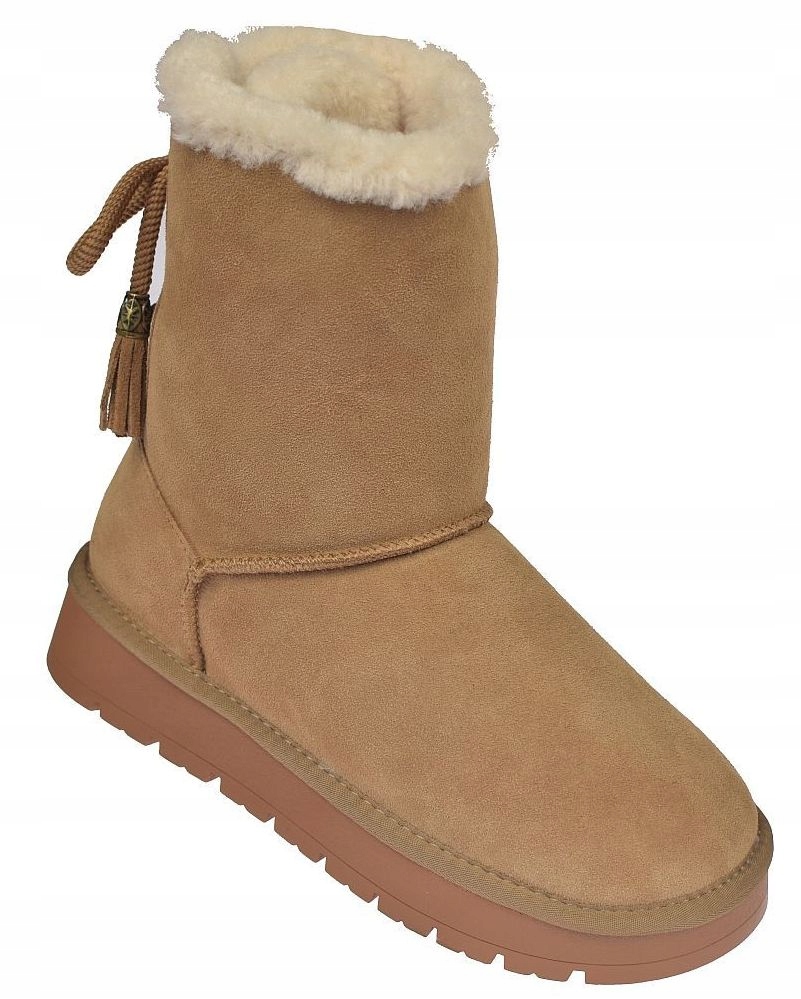 Vysoké dámské kožené sněhule CY180 Camel zateplené kožešinou, velikost vel