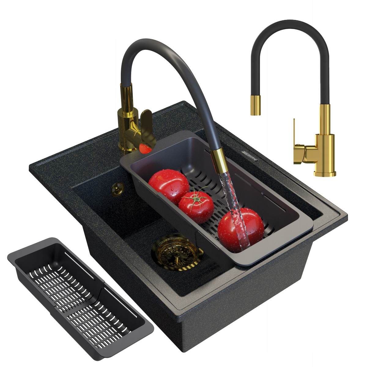 Granitový Dřez Jednokomorový Nero Sada Gold Baterie Sifon Odkapávač