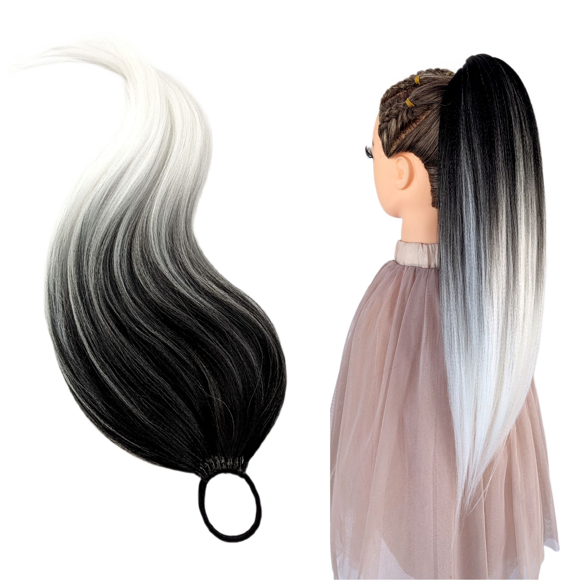 Připínací poník na gumičku, Příčesek, černá bílá ombre, Panna Bříza, 60 cm