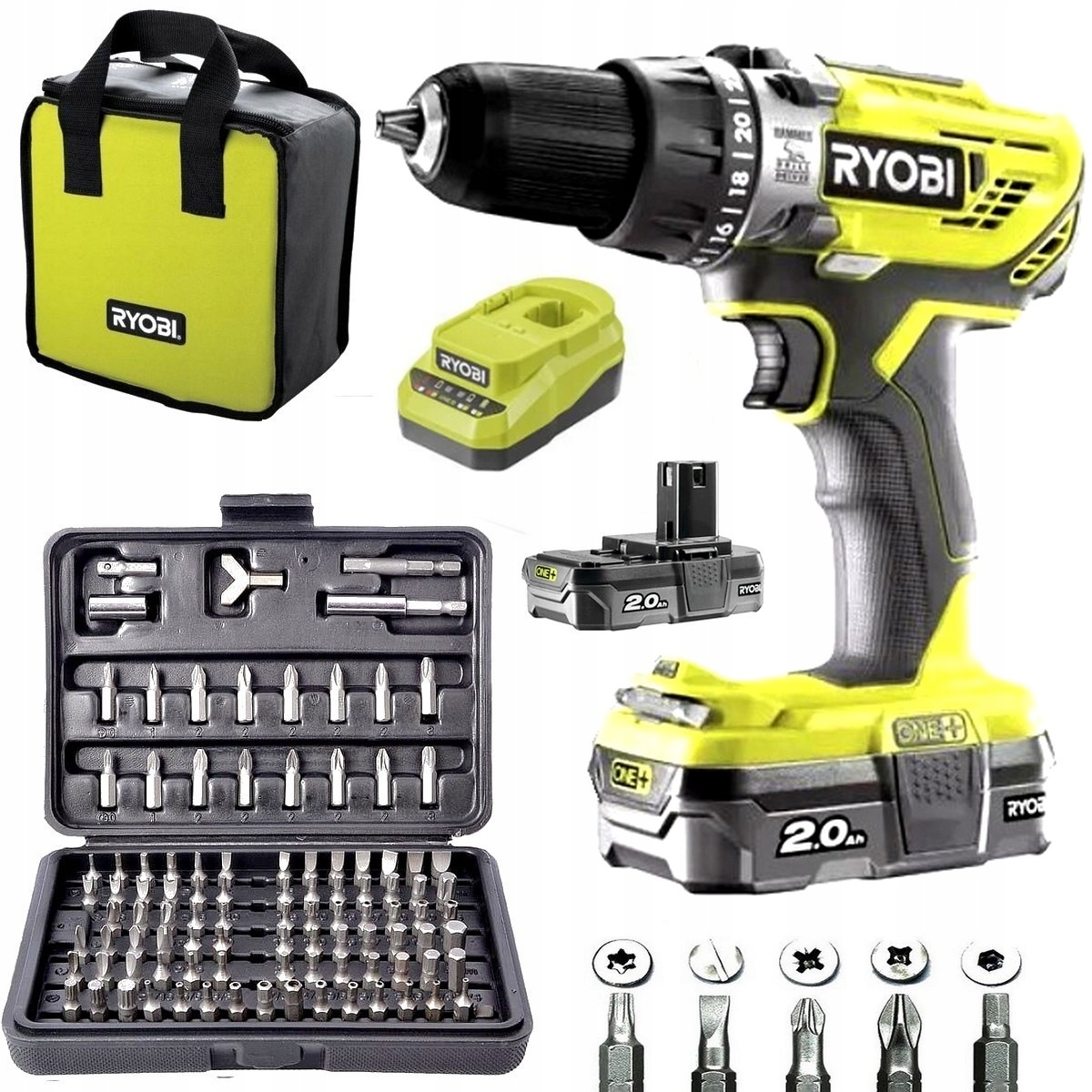 Ryobi Wiertarko-wkrętarka Mocna Udar 18V 2x aku 2Ah Torba Zestaw 100 el