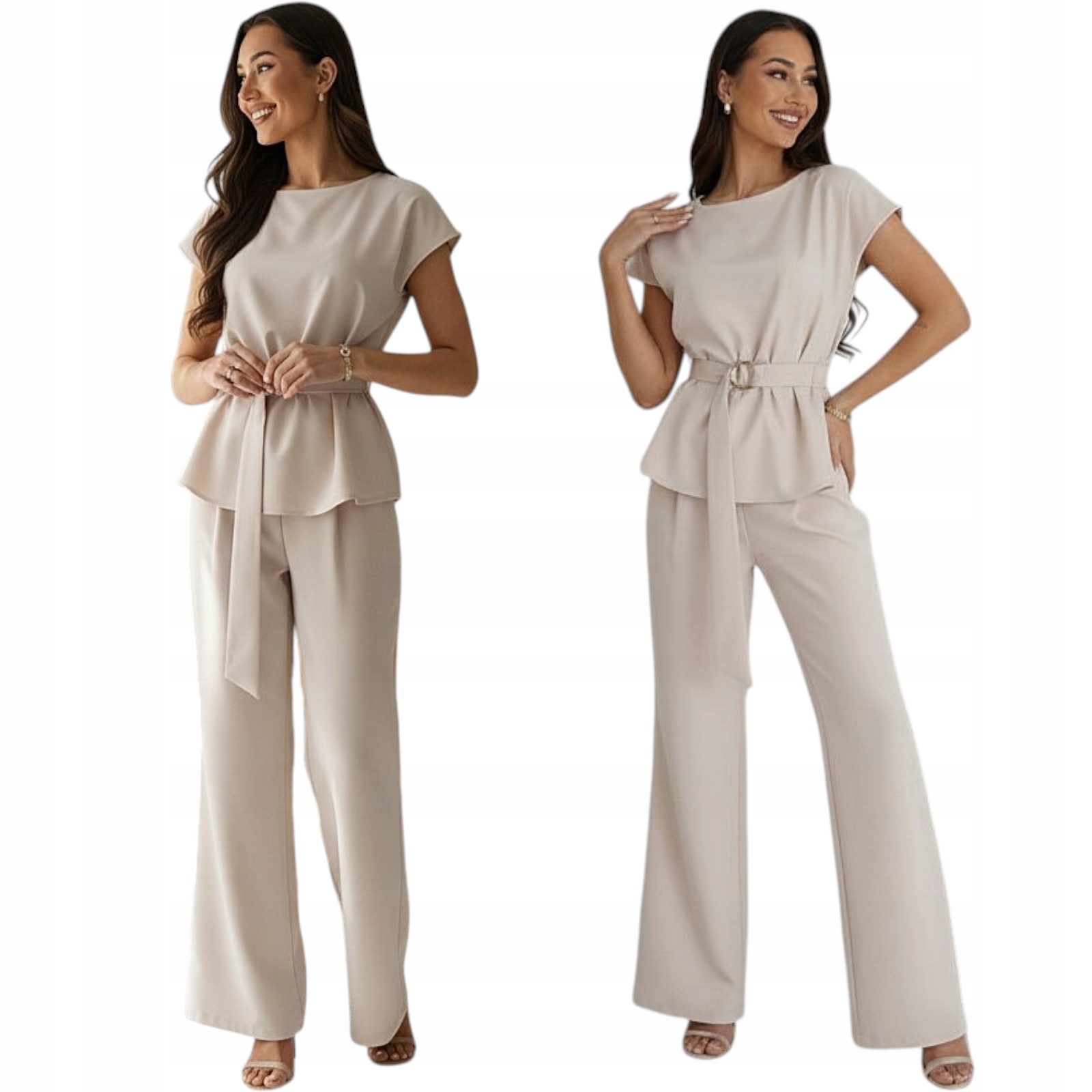 komplet damski Polska produkcja bluzka z klamerką spodnie Beż L