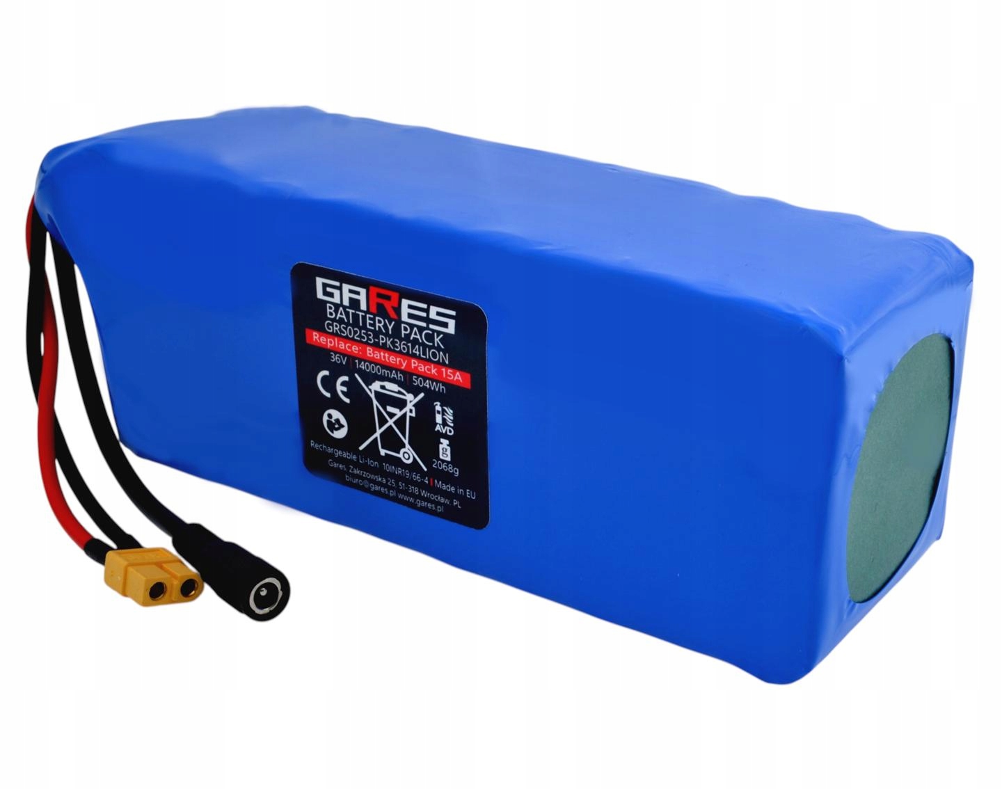 Akumulátor Batéria Gares, balík Bms 15A DC konektory 2.1x5,5 XT60 36V 14Ah