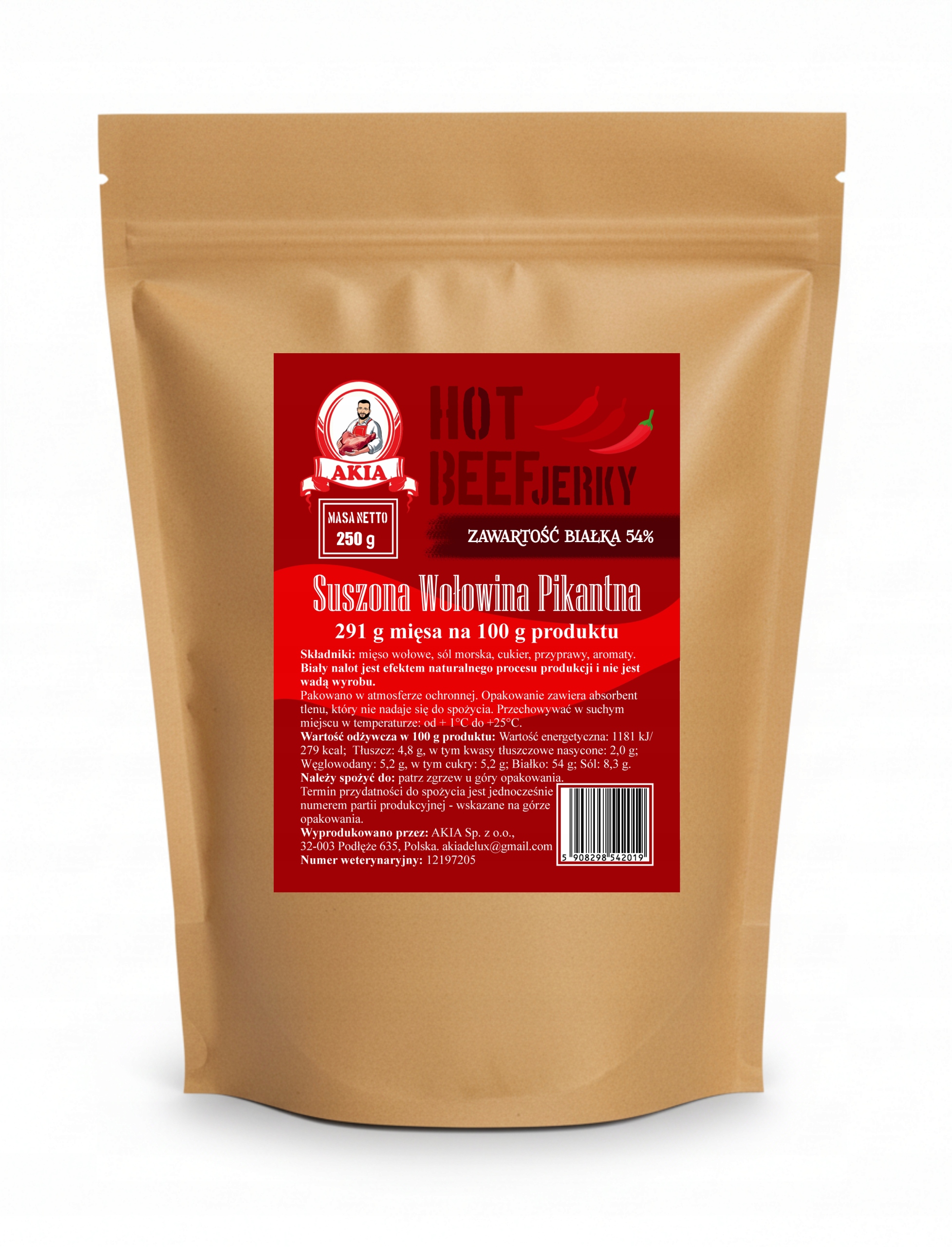 Akia Beef Jerky, sušené maso, sušené pikantní hovězí maso 250 g
