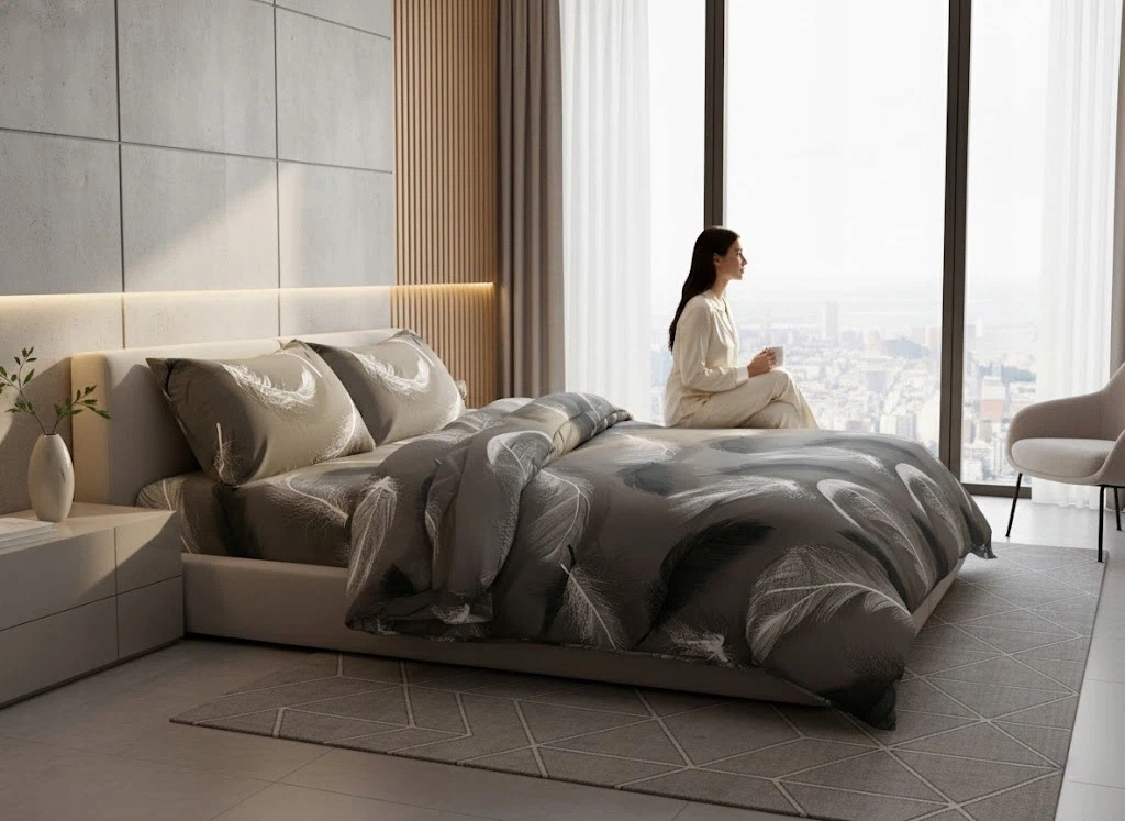 3dílná sada povlečení na peřinu s peřím, 100% bavlna, tmavě šedá, 160×200 cm