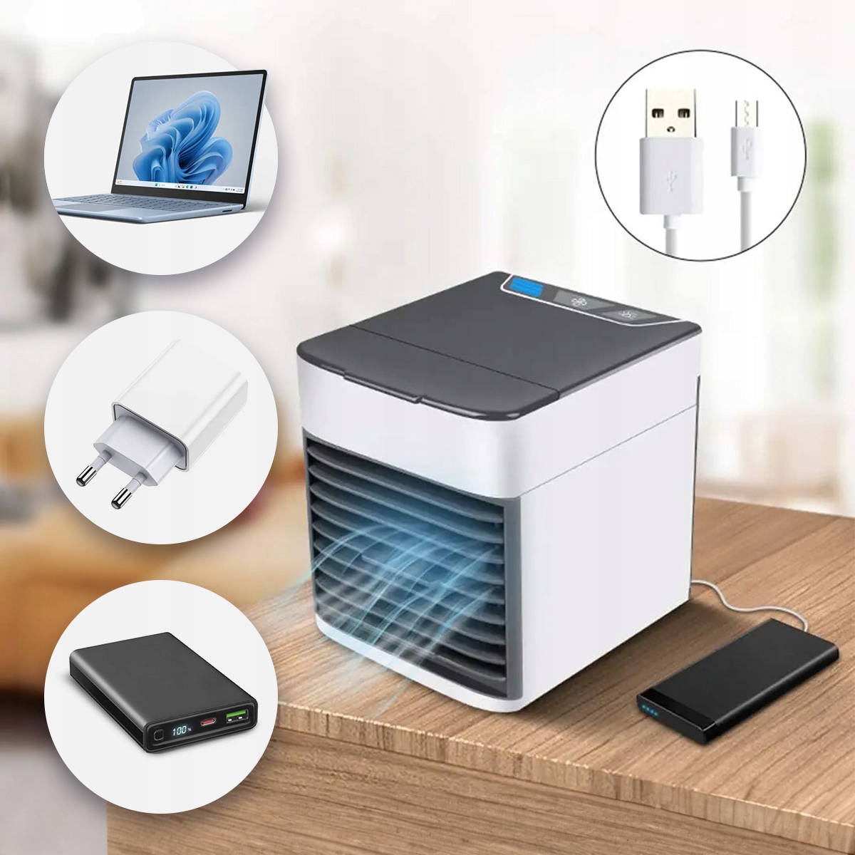 MINI KLIMATYZATOR WENTYLATOR PRZENOŚNY NA WODĘ WIATRAK NA BIURKO POKOJOWY Sterowanie manualne