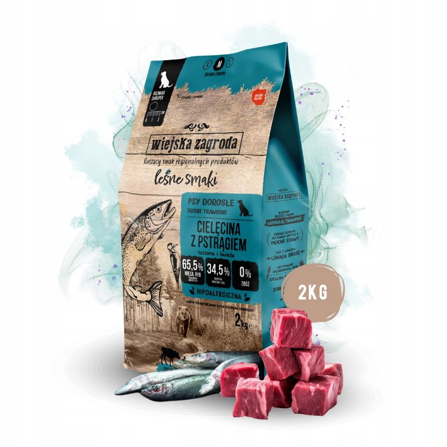 Levně Wiejska Zagroda Lesní Příchutě Krmivo suché Telecí Pstruh Střední plemena M 2kg