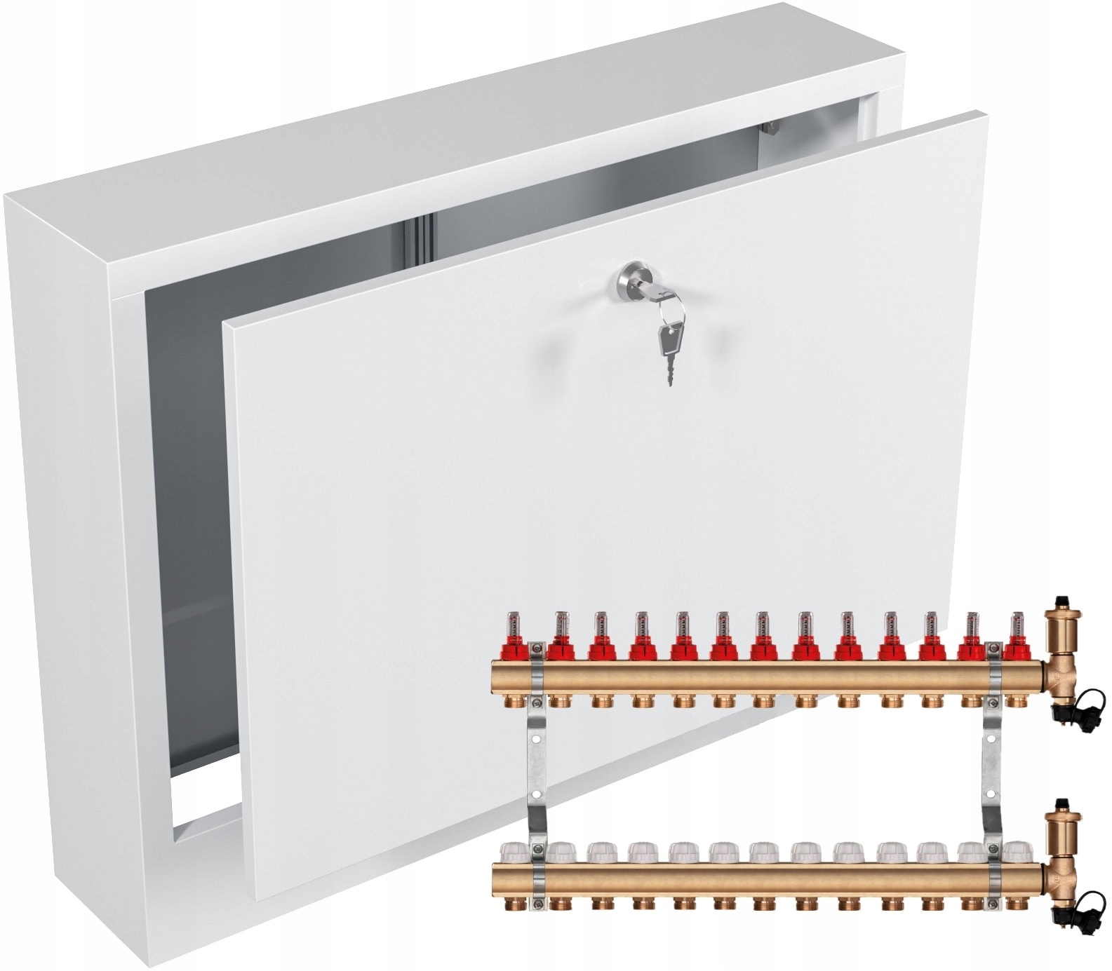 Mosazný rozdělovač pro podlahové topení 13 sekcí Nástěnná Skříňka